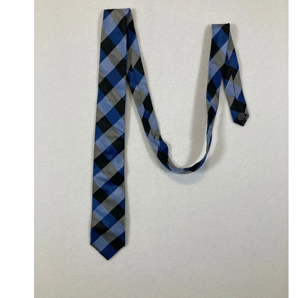 Haggar Silk Necktie Mens OS Blue Grey Black Buffalo Check Plaid Geometric‎ Tie